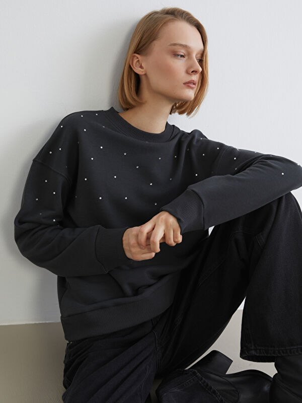LCW Vision Bisiklet Yaka Taşlı Oversize Kadın Sweatshirt
