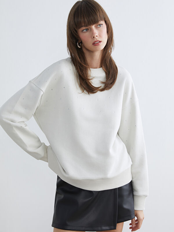 LCW Vision Crew Neck Rhinestone Embellished Oversize Women's Sweatshirt