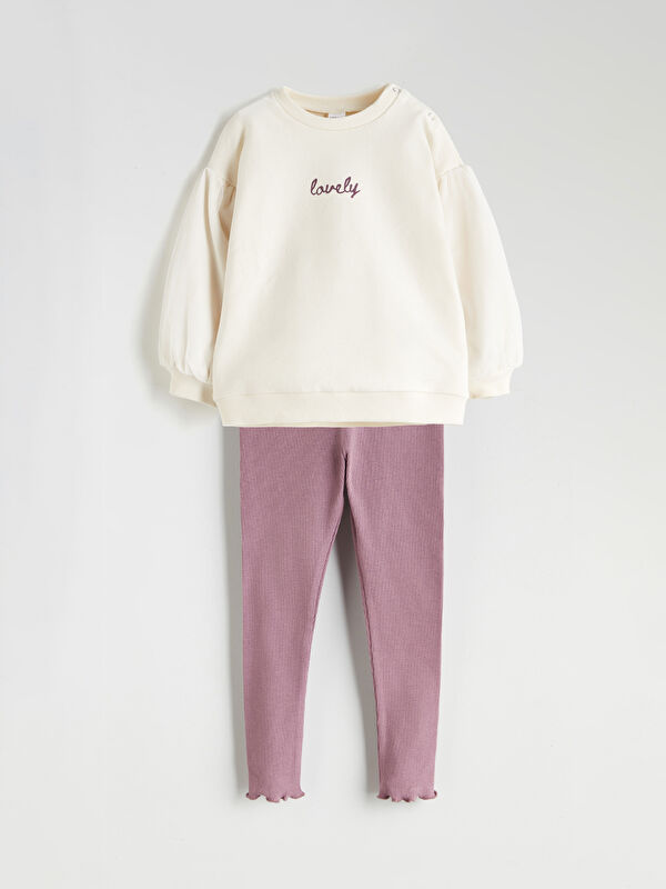 LCW baby Balloon Sleeve Baby Girls' Sweatshirt and Ribbed Leggings