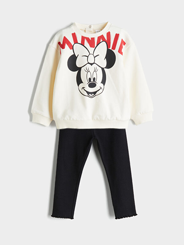 LCW baby Bisiklet Yaka Minnie Mouse Baskılı Kız Bebek Sweatshirt ve Tayt