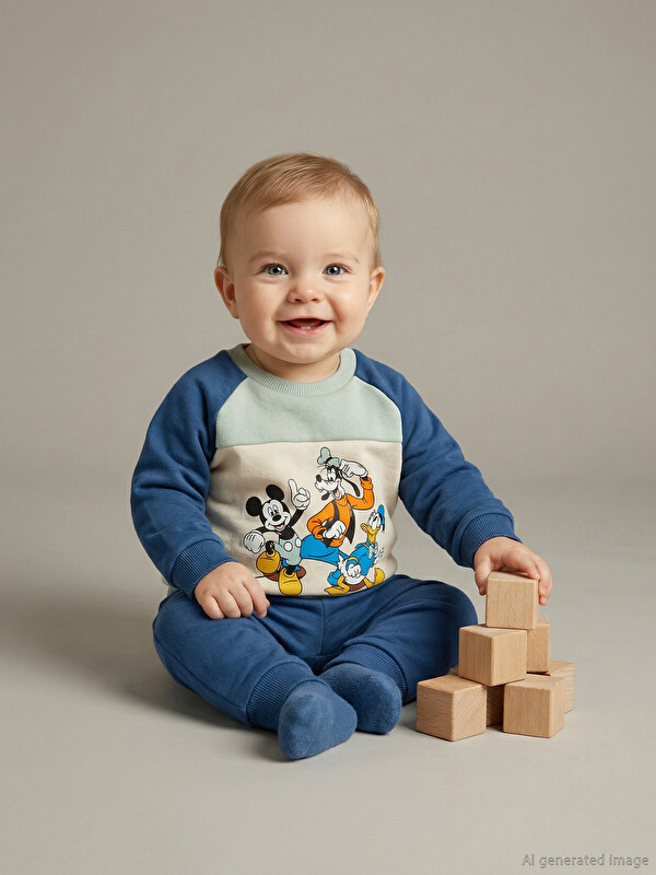 LCW baby Crew Neck Mickey Mouse Printed Baby Boy Sweatshirt and Tracksuit Bottoms