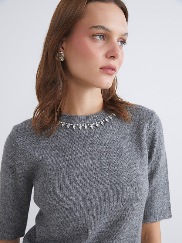 LCW Vision Crew Neck Rhinestone Embellished Women's Knit Sweater
