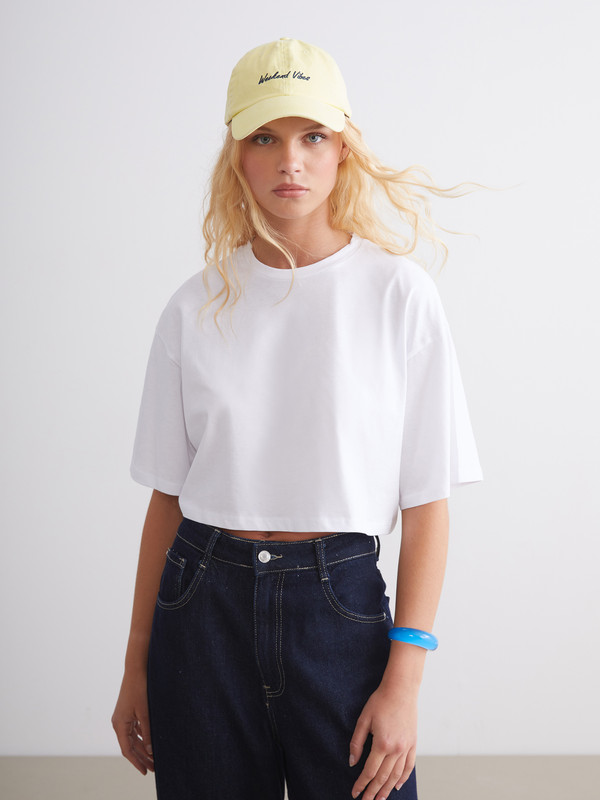 LCW ECO Bisiklet Yaka Oversize Crop Kadın Spor Tişört