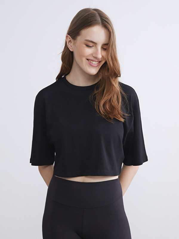 LCW ECO Bisiklet Yaka Oversize Crop Kadın Spor Tişört
