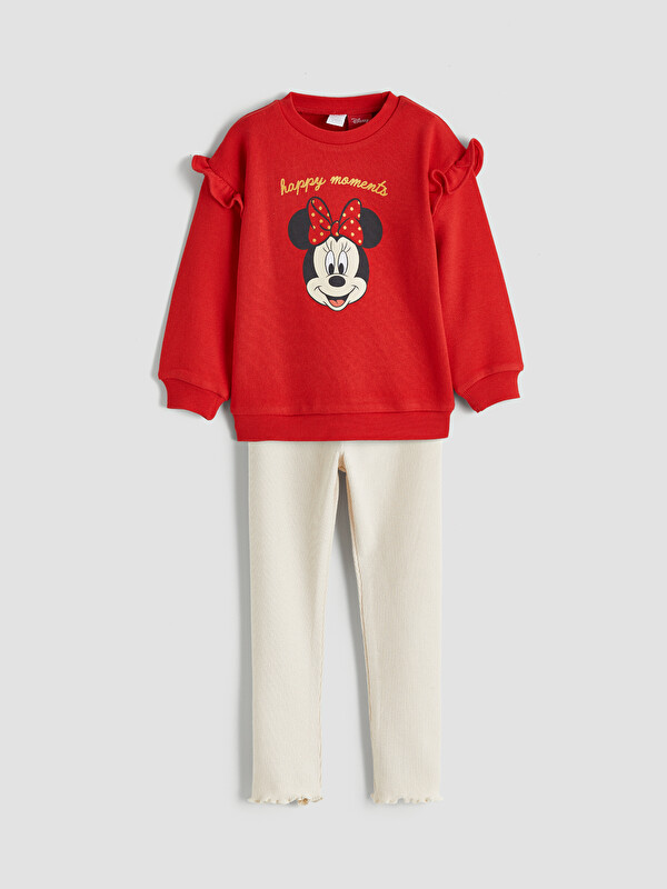 LCW baby Crew Neck Minnie Mouse Printed Baby Girls' Sweatshirt and Leggings