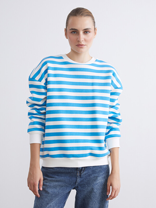 LCW ECO Bisiklet Yaka Çizgili Oversize Kadın Sweatshirt