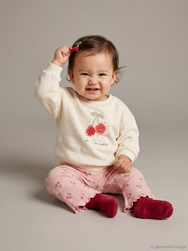 LCW baby Cherry Detailed Soft Textured Baby Girls' Sweatshirt and Leggings
