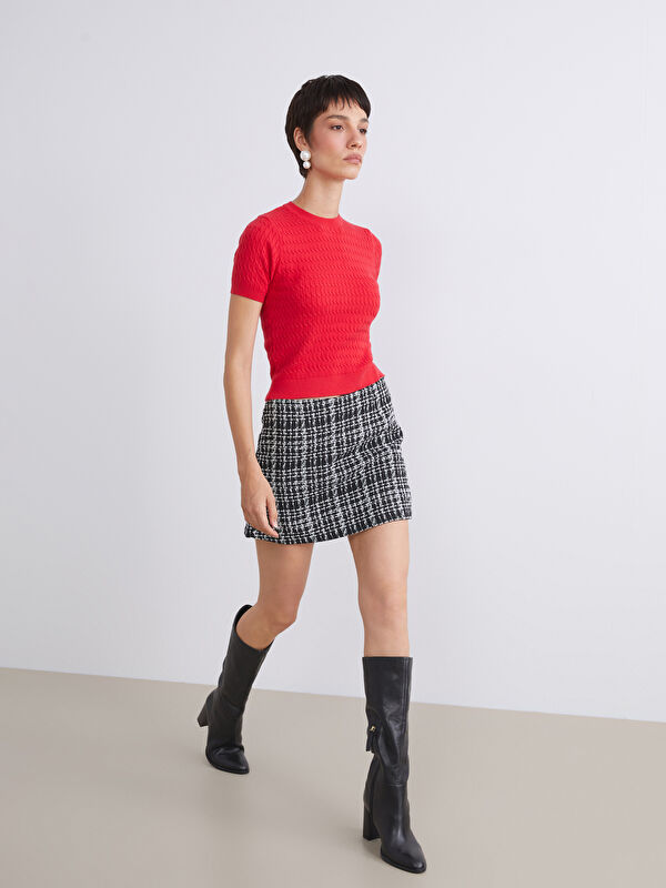 LCW Vision Gürtelt Zip-Karo-Tweed-Kurzer Rock