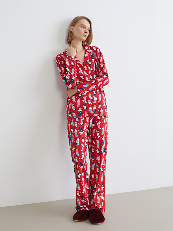 LCW Young Gömlek Yaka Yılbaşı Temalı Kadın Pijama Takımı