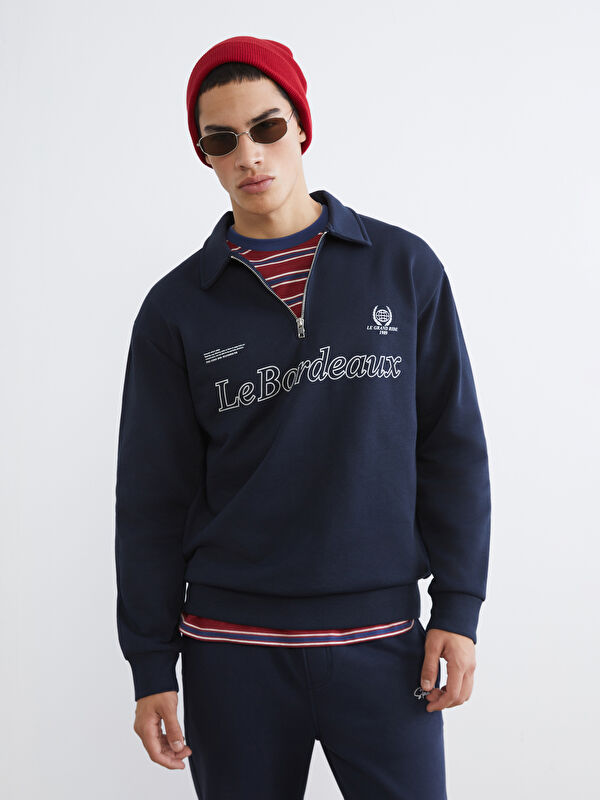 XSIDE Polo Yaka Baskılı Erkek Kalın Sweatshirt