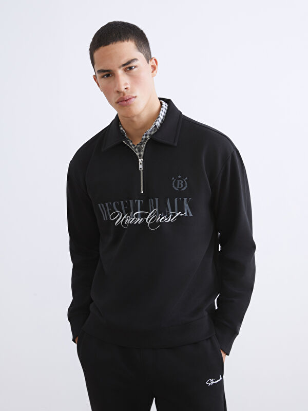 XSIDE Polo Yaka Baskılı Erkek Kalın Sweatshirt