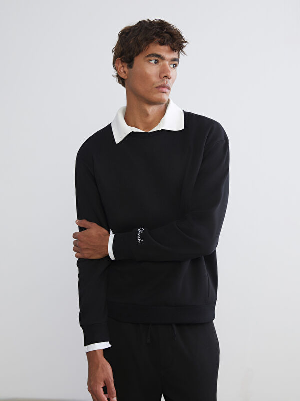 XSIDE Bisiklet Yaka Nakışlı Erkek Kalın Sweatshirt