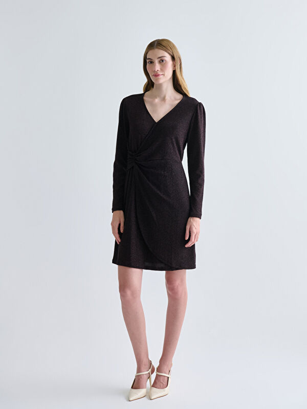 LCWAIKIKI Classic Wickelkragen Glanzoptik Gerafftes Minikleid