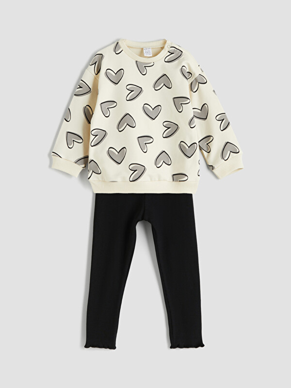 LCW ECO Kalp Baskılı Kız Bebek Sweatshirt ve Tayt