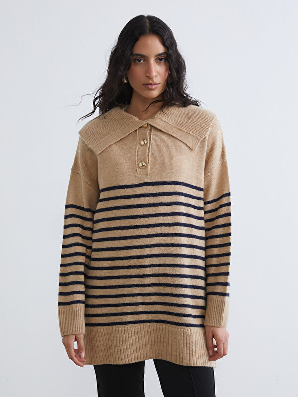 LCW Modest Polo Yaka Çizgili Kadın Triko Kazak