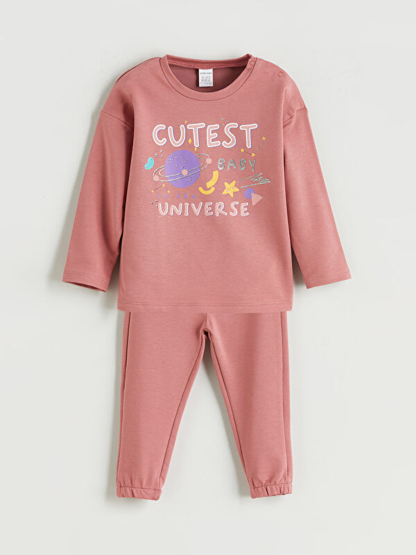 LCW baby Baskılı Kız Bebek Sweatshirt ve Pantolon 2'li