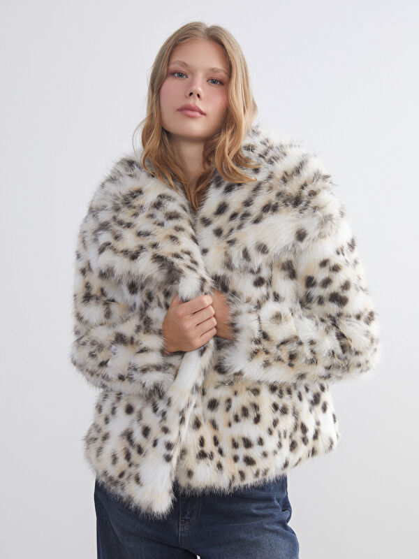 XSIDE Jacket Neck Leopard Print Women's Fur Coat