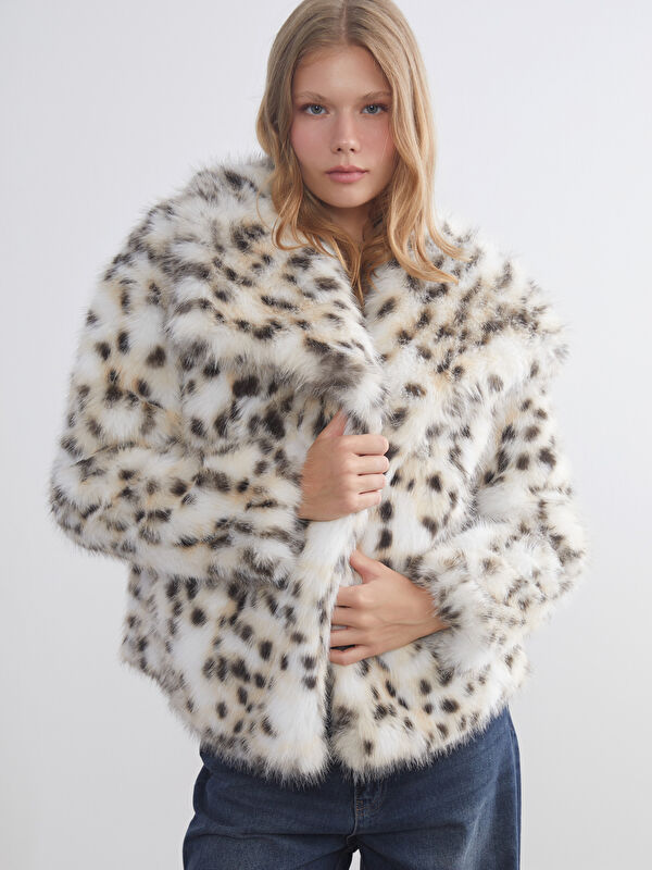 XSIDE Notch Lapel Leopard Print Women's Faux Fur Coat