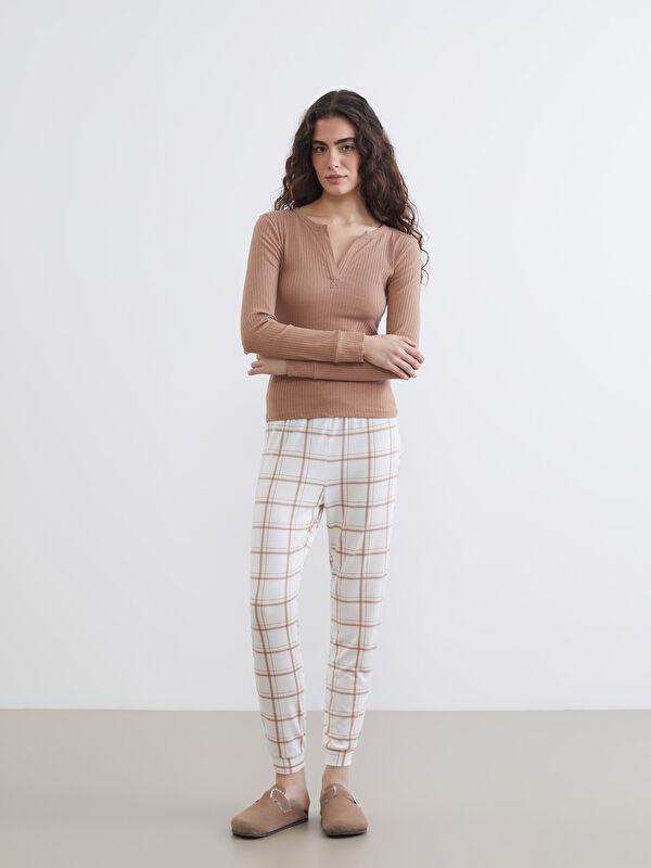 LCW DREAM Kaçık Yaka Ekose Kadın Pijama Takımı