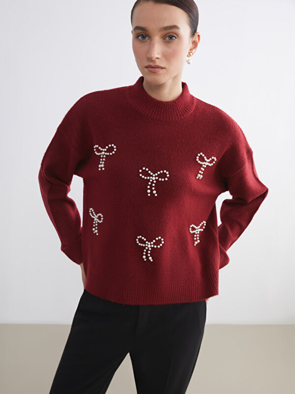 LCW Comfort Funnel Neck Rhinestone Embellished Women's Knit Sweater