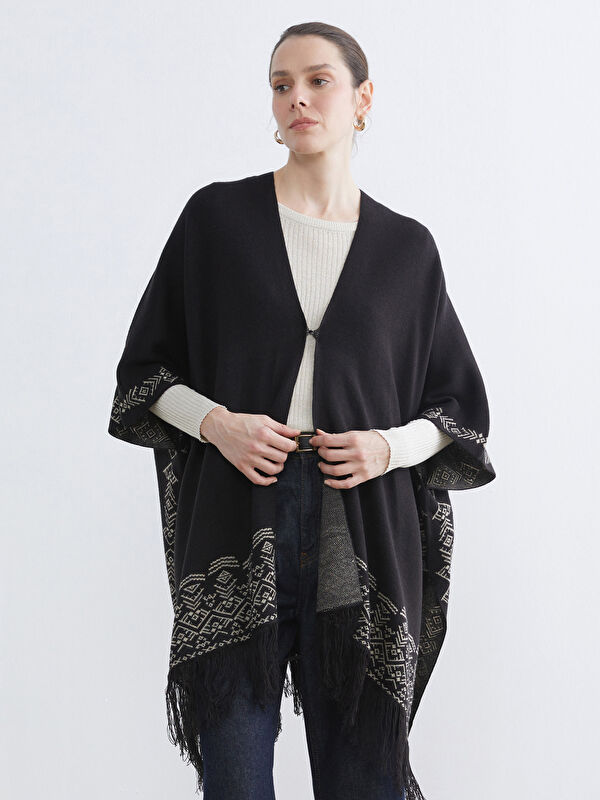 LCW Grace V Neck Printed Oversize Women's Knitwear Poncho