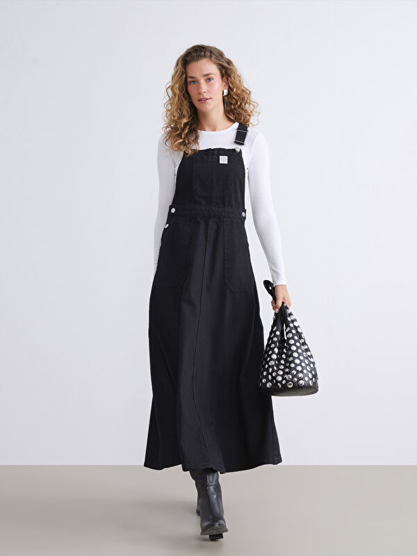 LCW Modest Kare Yaka Jean Salopet Elbise