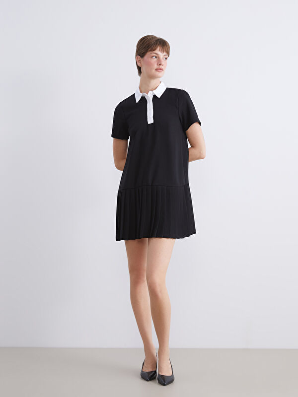 LCW Comfort Gömlek Yaka Pileli Mini Elbise