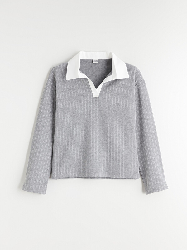 LCW Kids Polo Yaka Çizgili Kız Çocuk Sweatshirt