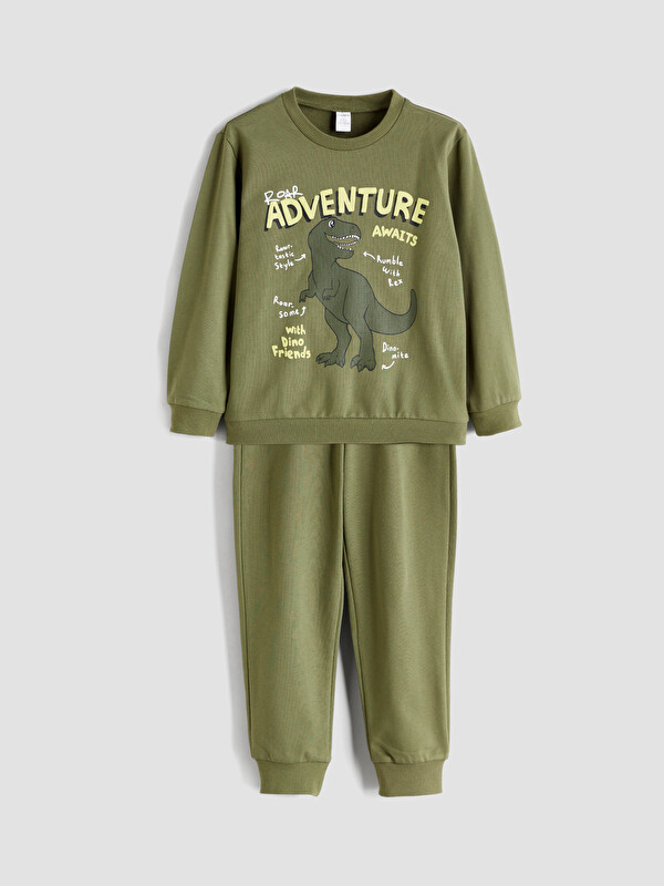 LCW Kids Haki Dinozor Baskılı Erkek Çocuk Sweatshirt ve Eşofman