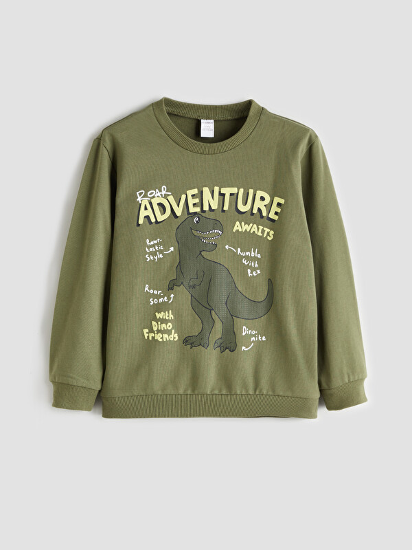 LCW Kids Haki Dinozor Baskılı Erkek Çocuk Sweatshirt ve Eşofman