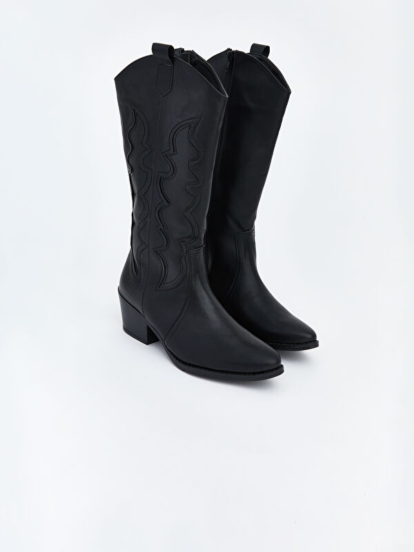 Deri Görünümlü Kadın Kovboy Çizme - Görsel 4