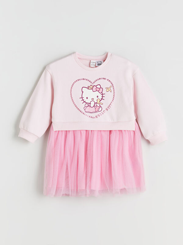 LCW Kids Қыздарға арналған hello kitty принтті дөңгелек жағалы балетке арналған белдемше көйлек