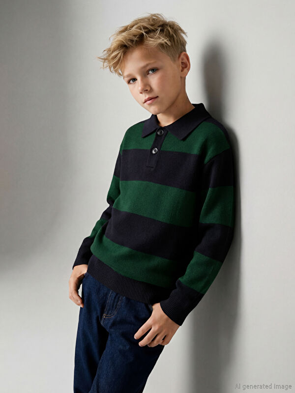 LCW Kids Polo Yaka Çizgili Erkek Çocuk Triko Kazak