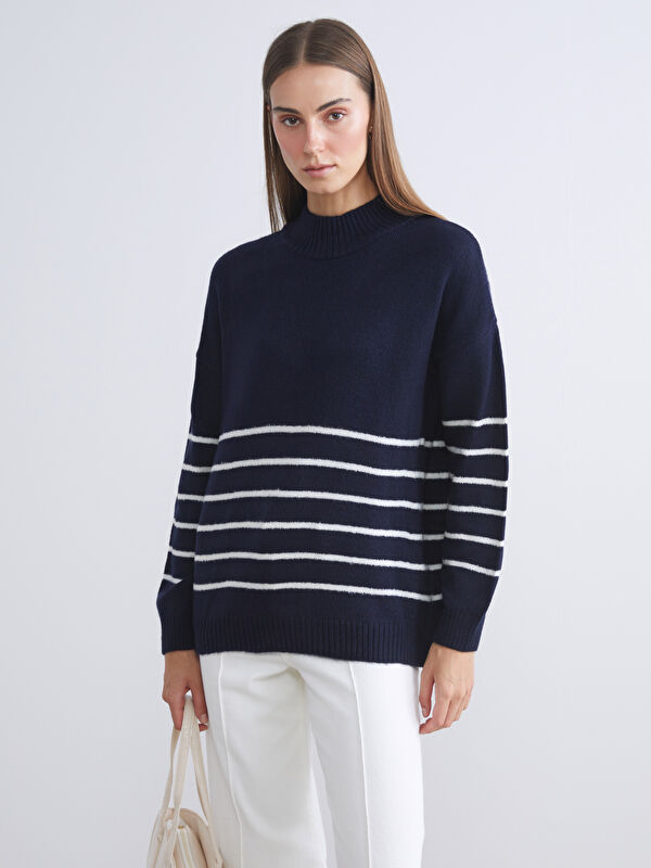 LCW ECO Half Turtleneck Striped Oversize Women's Knitwear Sweater