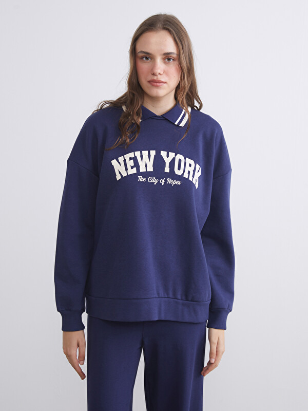 LCW Modest Polo Yaka New York Baskılı Kadın Sweatshirt