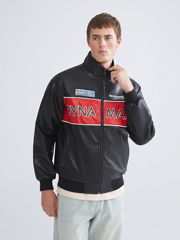 XSIDE Funnel Neck Printed Men's Faux Leather Coat