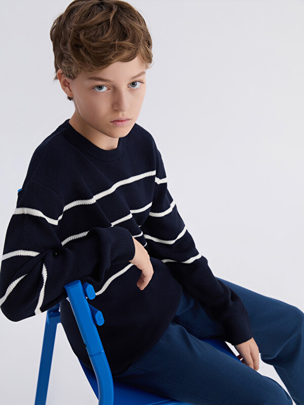 LCW Kids Bisiklet Yaka Çizgili Erkek Çocuk Triko Kazak