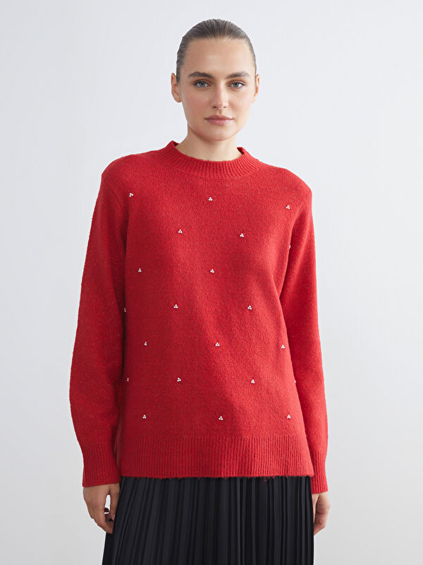 LCWAIKIKI Classic Crew Neck Rhinestone Embellished Women's Knit Sweater