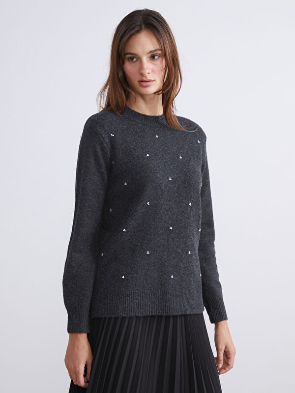 LCWAIKIKI Classic Rundhalsausschnitt Mit Strasssteinchen Verziert Für Damen Strickpullover