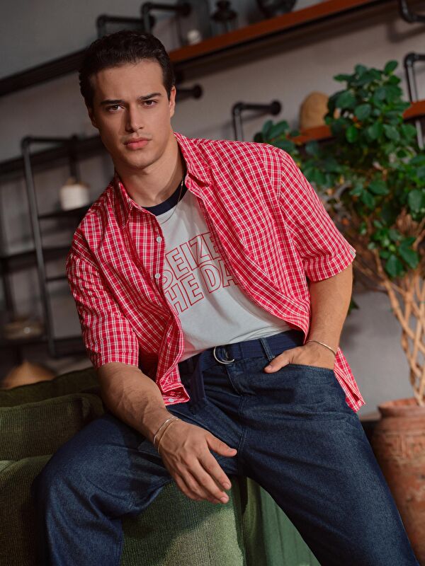 XSIDE Relaxed Fit Short Sleeve Plaid Poplin Men's Shirt