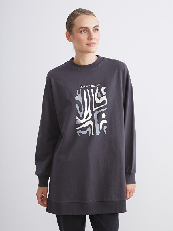 LCW Modest Bisiklet Yaka Baskılı Kadın Sweatshirt Tunik