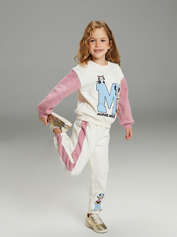 LCW Kids Bisiklet Yaka Minnie Mouse Baskılı Kız Çocuk Sweatshirt ve Eşofman Alt 2'li