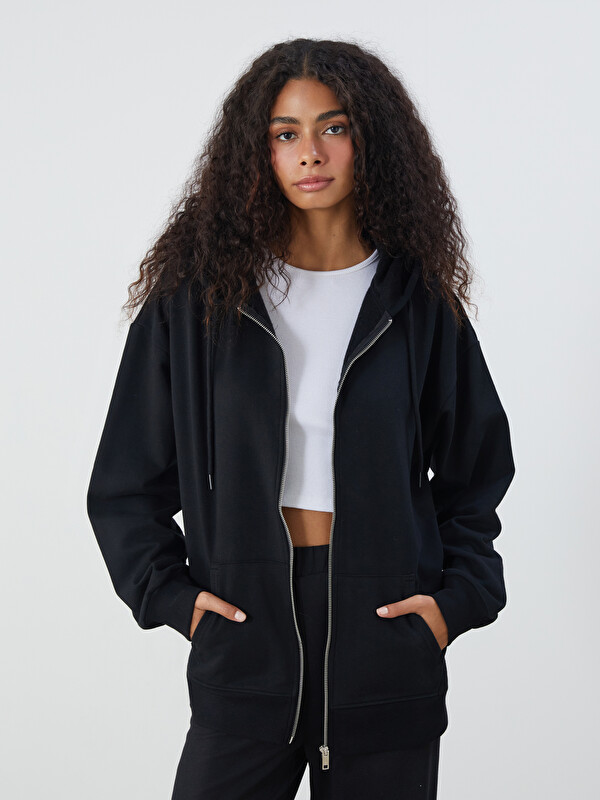XSIDE Kapüşonlu Oversize Kadın Kalın Fermuarlı Sweatshirt
