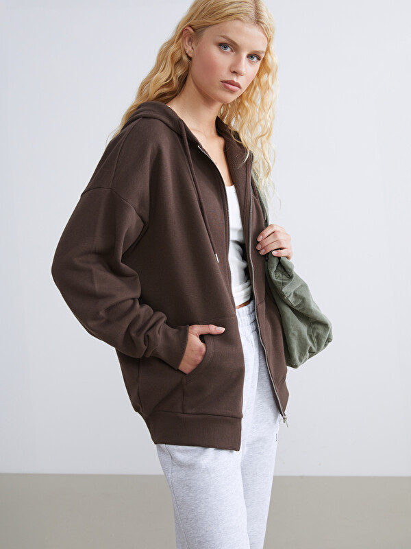 XSIDE Kapüşonlu Oversize Kadın Kalın Fermuarlı Sweatshirt
