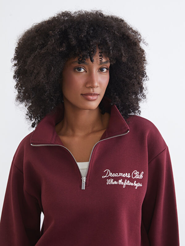 XSIDE Dik Yaka Nakışlı Oversize Kadın Kalın Sweatshirt