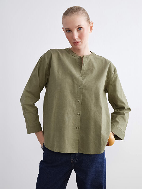 LCWAIKIKI Classic Grandad Collar Oversize Linen Blend Women's Shirt