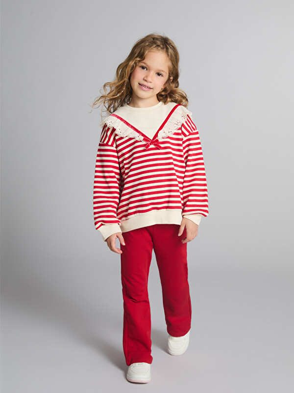 LCW Kids Yaka Detaylı Çizgili Kız Çocuk Sweatshirt ve Tayt