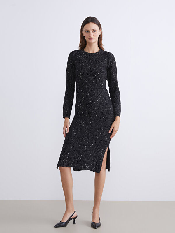 LCWAIKIKI Classic Crew Neck Sequin Embroidered Knitwear Dress