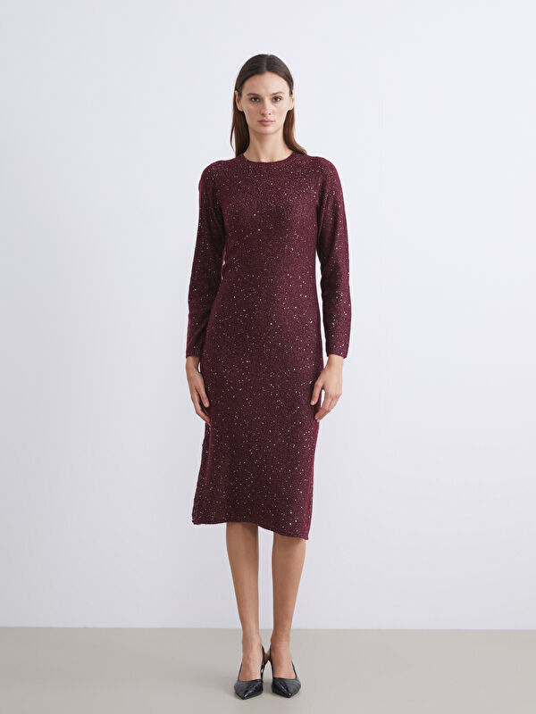 LCWAIKIKI Classic Crew Neck Sequin Embroidered Knitwear Dress