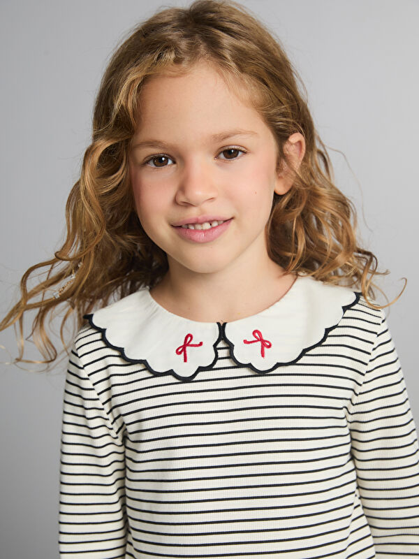 LCW Kids Peter Pan Collar Long Sleeve Striped Girls' T-Shirt